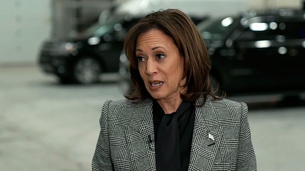 Vice President Kamala Harris answers a question during an interview with CNN's Laura Coates in Wisconsin on January 22.  
She pins the blame on Donald Trump for the reversal of Roe v. Wade.
Mandatory Credit:	CNN