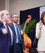 The 2024 board officers for the Houston-Galveston Area Council are sworn in on January 19, 2024, at the organization’s annual State of the Region meeting.

Pictured L to R: Liberty County Judge Jay
Knight, chair-elect; Mayor Joe Garcia of
Pattison, vice chair; and Houston City
Councilmember Sally Alcorn, board chair.