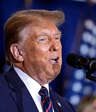 Republican presidential candidate former President Donald Trump speaks at an election night event following the news of his projected win in the New Hampshire primary, Tuesday, January 23, in Nashua, New Hampshire.
Mandatory Credit:	Matt Rourke/AP