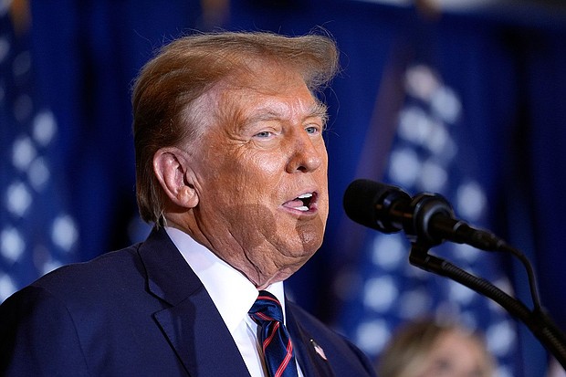 Republican presidential candidate former President Donald Trump speaks at an election night event following the news of his projected win in the New Hampshire primary, Tuesday, January 23, in Nashua, New Hampshire.
Mandatory Credit:	Matt Rourke/AP