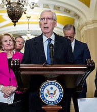 Senate Minority Leader Mitch McConnell speaks during the weekly Republican Caucus lunch news conference Tuesday at the US Capitol building in Washington, DC.
Mandatory Credit:	Amanda Andrade-Rhoades/Reuters