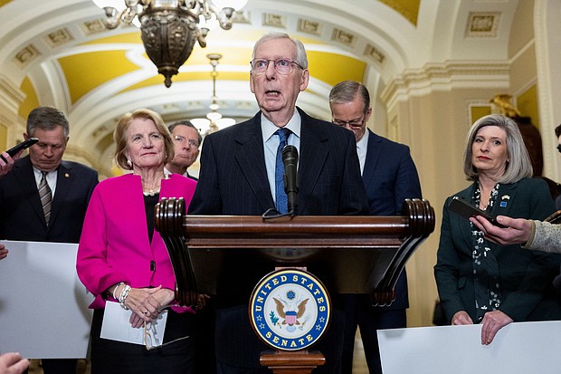Senate Minority Leader Mitch McConnell speaks during the weekly Republican Caucus lunch news conference Tuesday at the US Capitol building in Washington, DC.
Mandatory Credit:	Amanda Andrade-Rhoades/Reuters