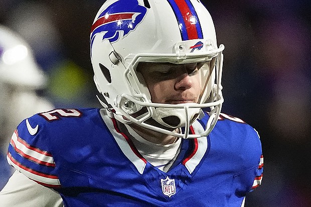Buffalo Bills placekicker Tyler Bass reacts after missing a field goal against the Kansas City Chiefs during the fourth quarter of an NFL AFC division playoff football game Sunday, January 21.
Mandatory Credit:	Frank Franklin II/AP