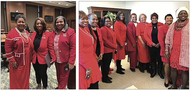 The halls of the Virginia General Assembly were ablaze with crimson on Monday as Richmond area members of Delta Sigma Theta Sorority participated in Delta Days at the General Assembly. In between attending committee sessions led by several legislators, sorority members took time to greet new legislators Sen. Lashrecse Aird, 13th District, shown with Lisa Johnson and Greta Randolph and Delegate Debra Gardner, 76th District.