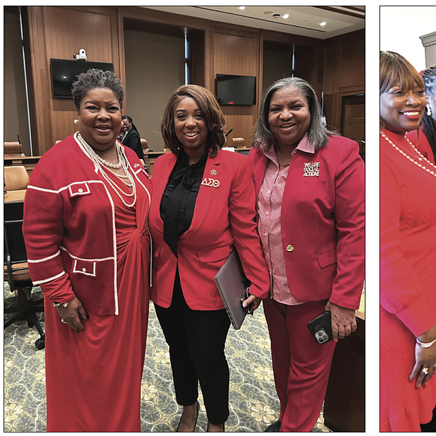 The halls of the Virginia General Assembly were ablaze with crimson on Monday as Richmond area members of Delta Sigma Theta Sorority participated in Delta Days at the General Assembly. In between attending committee sessions led by several legislators, sorority members took time to greet new legislators Sen. Lashrecse Aird, 13th District, shown with Lisa Johnson and Greta Randolph and Delegate Debra Gardner, 76th District.