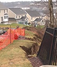 A landslide in Moon Township, Pennsylvania is getting worse, with backyards collapsing more by the day, according to neighbors.
Mandatory Credit:	KDKA