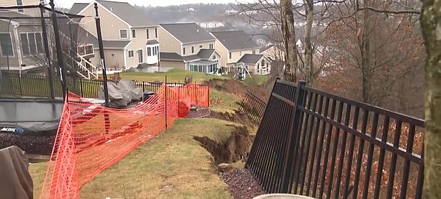 A landslide in Moon Township, Pennsylvania is getting worse, with backyards collapsing more by the day, according to neighbors.
Mandatory Credit:	KDKA