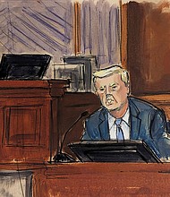 Donald Trump testifies on January 25, in this courtroom sketch.
Mandatory Credit:	Elizabeth Williams/AP