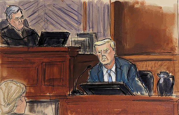 Donald Trump testifies on January 25, in this courtroom sketch.
Mandatory Credit:	Elizabeth Williams/AP
