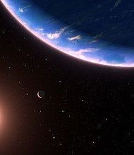 An artist's illustration depicts exoplanet GJ 9827d (foreground, right) — the smallest exoplanet where atmospheric water vapor has been detected — as it orbits a host star. Two inner planets (bottom left) in the system are also shown.
Mandatory Credit:	NASA/ESA/Leah Hustak (STScI)/Ralf Crawford (STScI)