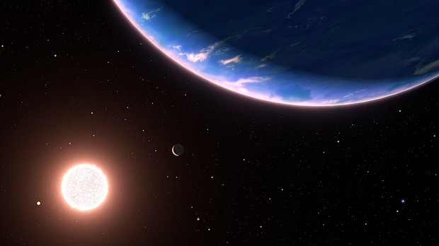 An artist's illustration depicts exoplanet GJ 9827d (foreground, right) — the smallest exoplanet where atmospheric water vapor has been detected — as it orbits a host star. Two inner planets (bottom left) in the system are also shown.
Mandatory Credit:	NASA/ESA/Leah Hustak (STScI)/Ralf Crawford (STScI)