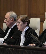 udge Joan Donoghue, President of the International Court of Justice, speaks at Peace Palace in The Hague, Netherlands, January 26.
Mandatory Credit:	Patrick Post/AP