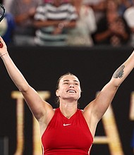 Aryna Sabalenka celebrates her victory over Zheng Qinwen during the women's Australian Open final.
Mandatory Credit:	David Gray/AFP/Getty Images