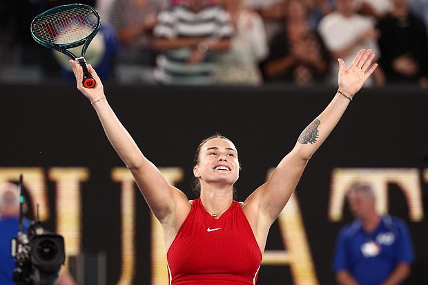 Aryna Sabalenka celebrates her victory over Zheng Qinwen during the women's Australian Open final.
Mandatory Credit:	David Gray/AFP/Getty Images