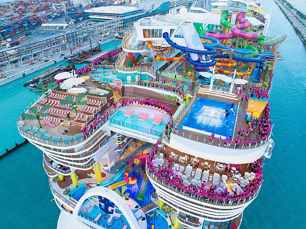 Among the behemoth’s attractions, there’s Category 6 – the ship’s 17,000-square-foot water park, currently the largest at sea and sprawled across Decks 16 and 17, with six slides that include Frightening Bolt and the first family raft slides at sea.
Mandatory Credit:	Royal Caribbean International