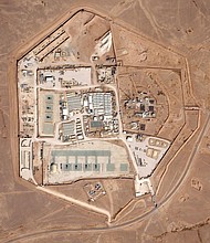 This satellite photo from Planet Labs PBC shows a military base known as Tower 22 in northeastern Jordan, on October 12, 2023.
Mandatory Credit:	Planet Labs PBC/AP/File