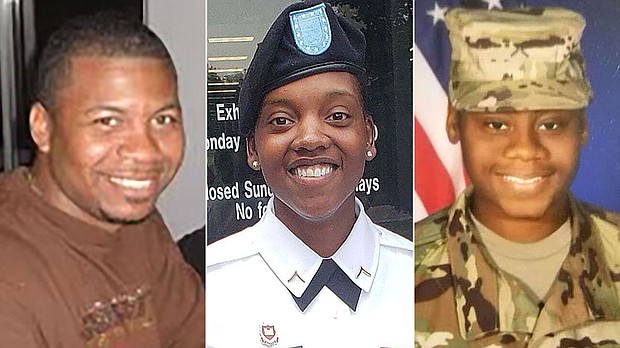 These undated photos from the US Army Reserve Command show Sgt. William Jerome Rivers, 46, Spc. Kennedy Ladon Sanders, 24, and Spc. Breonna Alexsondria Moffett, 23.
Mandatory Credit:	US Army Reserve Command, AP