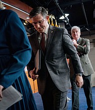 House Speaker Mike Johnson departs a news conference following the Republican conference meeting at the US Capitol on January 17 in Washington, DC.
Mandatory Credit:	Kent Nishimura/Getty Images