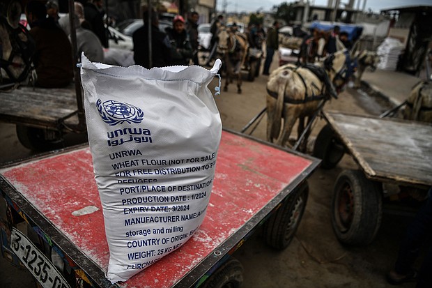 A bag of flour at the area where UNRWA distributes flour to families as Israeli attacks continue in Rafah, Gaza on January 28.
Mandatory Credit:	Abed Zagout/Anadolu Agency/Getty Images