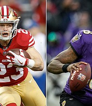 A split of San Francisco 49ers' Christian McCaffrey (left) and Baltimore Ravens' Lamar Jackson (right).
Mandatory Credit:	Getty Images/AP