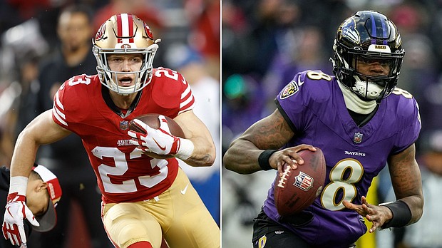 A split of San Francisco 49ers' Christian McCaffrey (left) and Baltimore Ravens' Lamar Jackson (right).
Mandatory Credit:	Getty Images/AP