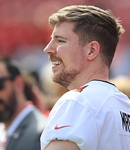 James Stephen Donaldson, known professionally as MrBeast on YouTube, enjoys his time on the field before the regular season game between the Atlanta Falcons and the Tampa Bay Buccaneers on October 22, 2023 at Raymond James Stadium in Tampa, Florida.
Mandatory Credit:	Cliff Welch/Icon Sportswire/Getty Images
