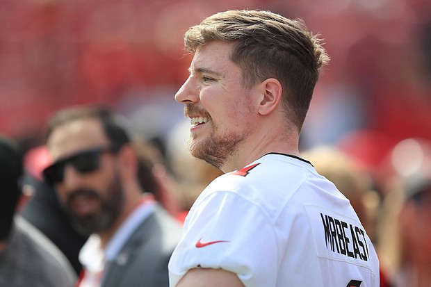 James Stephen Donaldson, known professionally as MrBeast on YouTube, enjoys his time on the field before the regular season game between the Atlanta Falcons and the Tampa Bay Buccaneers on October 22, 2023 at Raymond James Stadium in Tampa, Florida.
Mandatory Credit:	Cliff Welch/Icon Sportswire/Getty Images