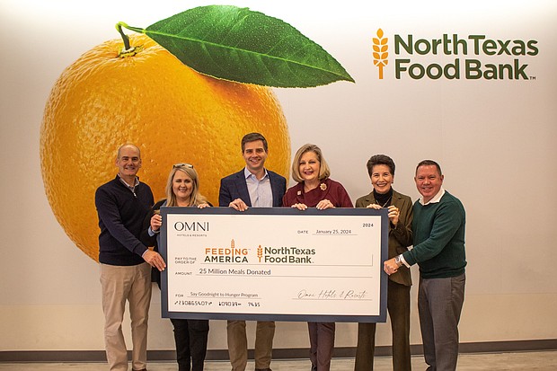 Left to right: Dan Surette Chief Sales Officer at Omni Hotels & Resorts, Gayle Guyse General Manager at Omni Frisco Hotel, Kurt Alexander President at Omni Hotels & Resorts, Tricia Cunningham CEO & President of North Texas Food Bank, Joy Rothschild Chief Human Resources Officer at Omni Hotels & Resorts & Jeff Smith Vice President & Managing Director at Omni PGA Frisco Resort