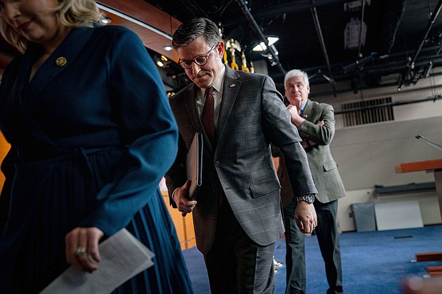 House Speaker Mike Johnson departs a news conference following the Republican conference meeting at the U.S. Capitol on January 17, 2024 in Washington, DC.
Mandatory Credit:	Kent Nishimura/Getty Images