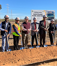 Pictured from left to right: Sarah Coulter (Assistant Transit Director), Fort Bend County Commissioner Dexter McCoy, Fort Bend County Judge KP George, Fort Bend County Commissioner Vincent Morales, Fort Bend County Commissioner Andy Meyers, Fort Bend County Commissioner Grady Prestage, Perri D’Armond (Transit Director), David Ajlani (SpawGlass Operations Manager)