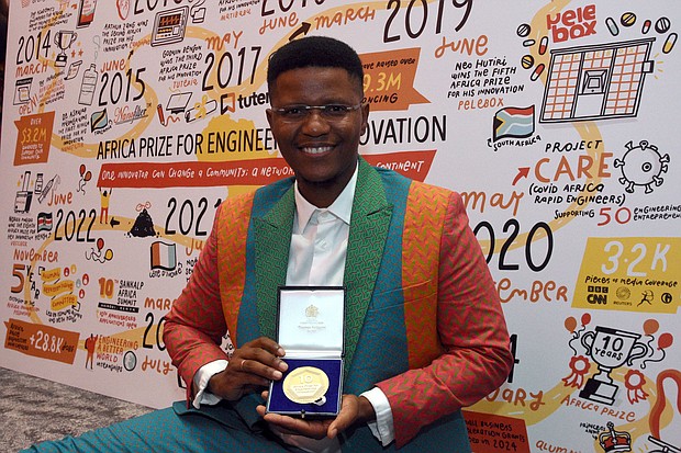 South African entrepreneur Neo Hutiri is awarded the Royal Academy of Engineering's special medal to mark 10 years of the Africa Prize for Engineering Innovation.
Mandatory Credit:	The Royal Academy of Engineering