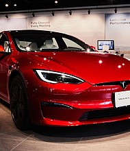 A 2023 Tesla Inc. Model S, one of the models of the company's cars recalled due to warning lights with font size too small to comply with federal safety rules.
Mandatory Credit:	Shoko Takayasu/Bloomberg via Getty Images
