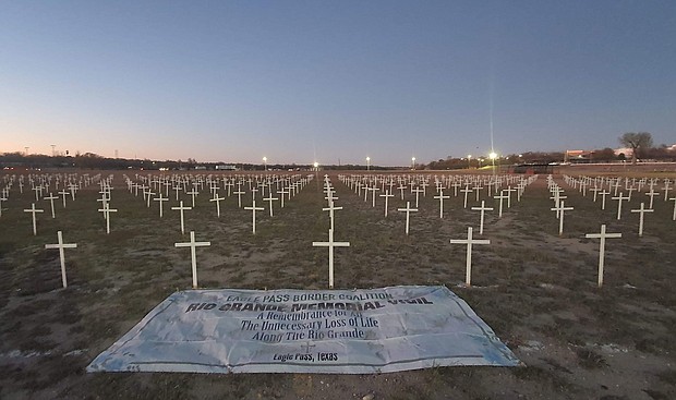 These crosses were planted last year in Shelby Park in Eagle Pass, Texas, as a memorial to hundreds of migrants believed to have died along the US-Mexico border.
Mandatory Credit:	Amerika Garcia Grewal/Border Vigil