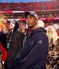 Pat Mahomes Sr. watches the 2020 AFC Championship Game in Kansas City, Missouri as the Chiefs defeated the Tennessee Titans 35-24.
Mandatory Credit:	David Eulitt/Getty Images