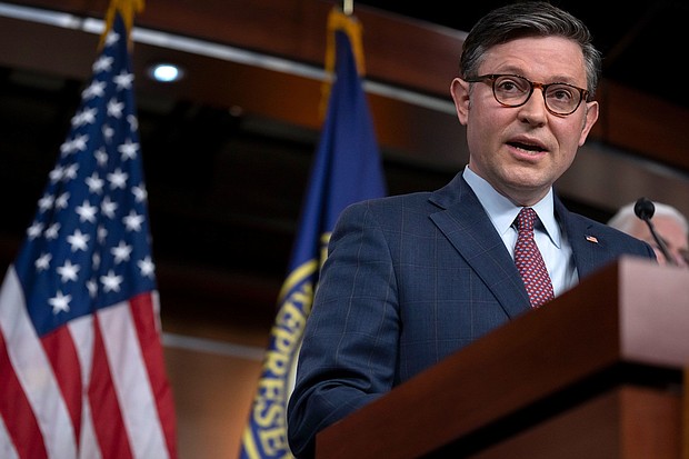 House Speaker Mike Johnson speaks during a news conference on Capitol Hill on January 30.
Mandatory Credit:	Mark Schiefelbein/AP