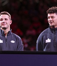 Purdy and Mahomes meet on stage.
Mandatory Credit:	Marc Sanchez/Icon Sportswire/Getty Images