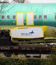 Spirit AeroSystems signage on a Boeing 737 fuselage outside the Boeing manufacturing facility in Renton, Washington on Monday, Feb. 5, 2024.
Mandatory Credit:	David Ryder/Bloomberg/Getty Images