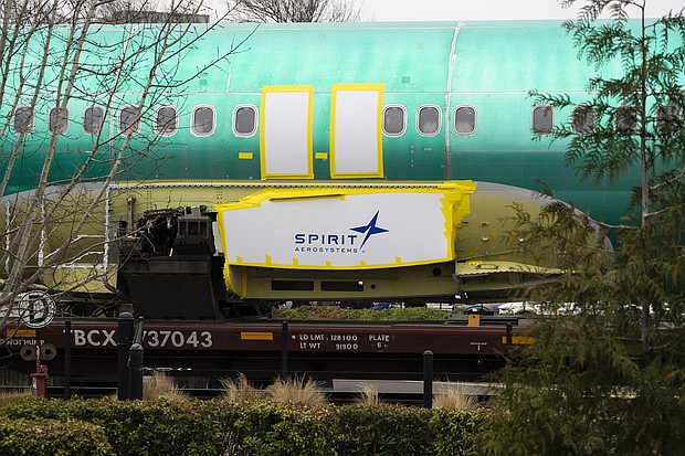 Spirit AeroSystems signage on a Boeing 737 fuselage outside the Boeing manufacturing facility in Renton, Washington on Monday, Feb. 5, 2024.
Mandatory Credit:	David Ryder/Bloomberg/Getty Images