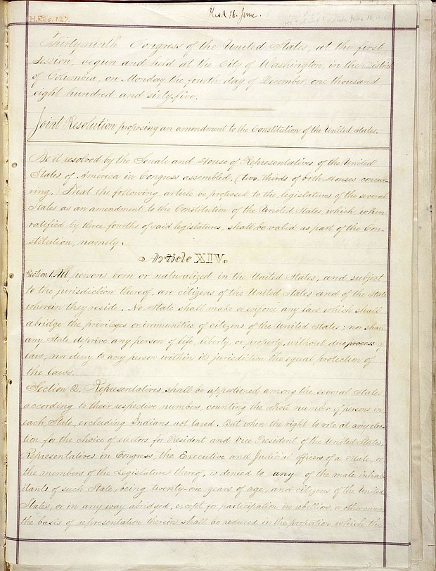 The 14th Amendment was passed by Congress June 13, 1866, and ratified July 9, 1868.
Mandatory Credit:	National Archives