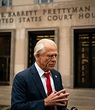Peter Navarro, former White House trade adviser, speaks to members of the media while arriving for his sentencing at federal court in Washington on Thursday, January 25, 2024.
Mandatory Credit:	Kent Nishimura/Bloomberg/Getty Images