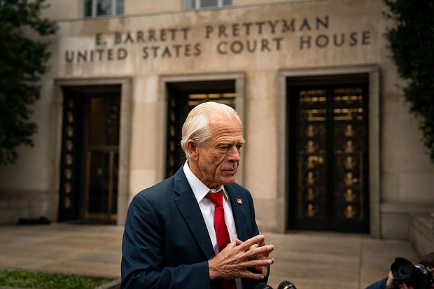 Peter Navarro, former White House trade adviser, speaks to members of the media while arriving for his sentencing at federal court in Washington on Thursday, January 25, 2024.
Mandatory Credit:	Kent Nishimura/Bloomberg/Getty Images