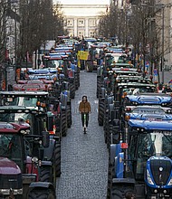 Montoyer street is blocked by tractors during a farmers protest on February 1 in Brussels, Belgium.
Mandatory Credit:	Luis Miguel Caceres/Getty Images