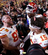 Travis Kelce and Patrick Mahomes celebrate after the Kansas City Chiefs defeated the Philadelphia Eagles in Super Bowl LVII on February 12, 2023.
Mandatory Credit:	Gregory Shamus/Getty Images