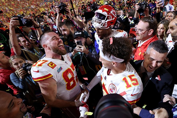 Travis Kelce and Patrick Mahomes celebrate after the Kansas City Chiefs defeated the Philadelphia Eagles in Super Bowl LVII on February 12, 2023.
Mandatory Credit:	Gregory Shamus/Getty Images