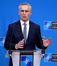 NATO Secretary General Jens Stoltenberg addresses a media conference at NATO headquarters in Brussels earlier this month.
Mandatory Credit:	Virginia Mayo/AP