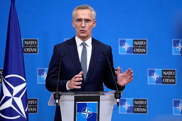 NATO Secretary General Jens Stoltenberg addresses a media conference at NATO headquarters in Brussels earlier this month.
Mandatory Credit:	Virginia Mayo/AP