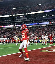 Mecole Hardman after catching the game-winning touchdown in overtime to defeat the San Francisco 49ers during Super Bowl LVIII.
Mandatory Credit:	Ezra Shaw/Getty Images