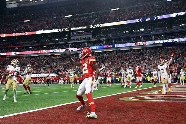 Mecole Hardman after catching the game-winning touchdown in overtime to defeat the San Francisco 49ers during Super Bowl LVIII.
Mandatory Credit:	Ezra Shaw/Getty Images
