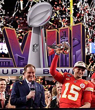 Kansas City Chiefs quarterback Patrick Mahomes celebrates winning Super Bowl LVIII.
Mandatory Credit:	John Locher/AP