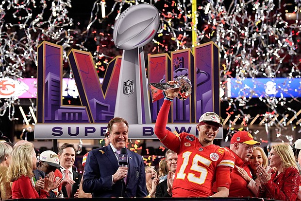 Kansas City Chiefs quarterback Patrick Mahomes celebrates winning Super Bowl LVIII.
Mandatory Credit:	John Locher/AP